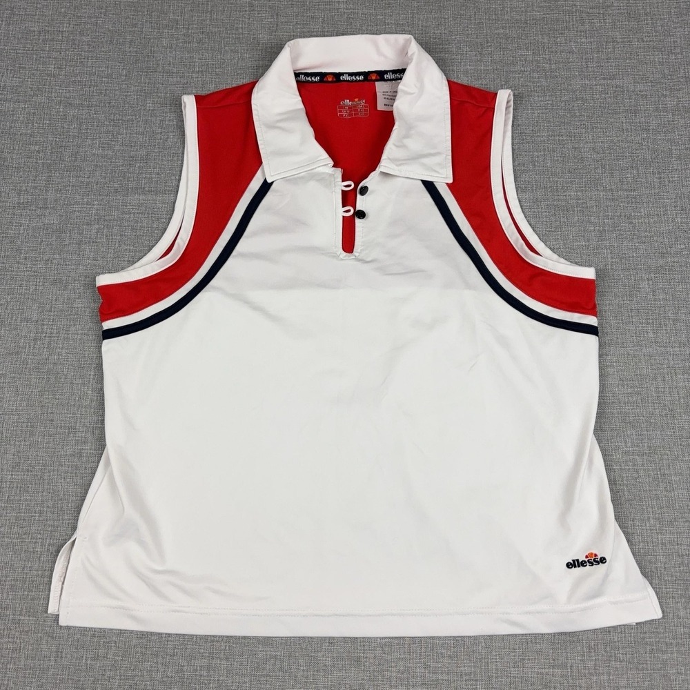 Ellesse Polo Shirt Womens Large White Red Sleeveless Colorblock Tennis Top